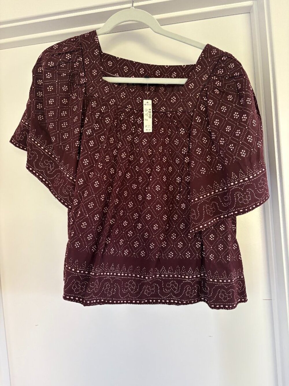 NWT Madewell Flutter Sleeve Square Neck Top Burgundy Geometric Blouse